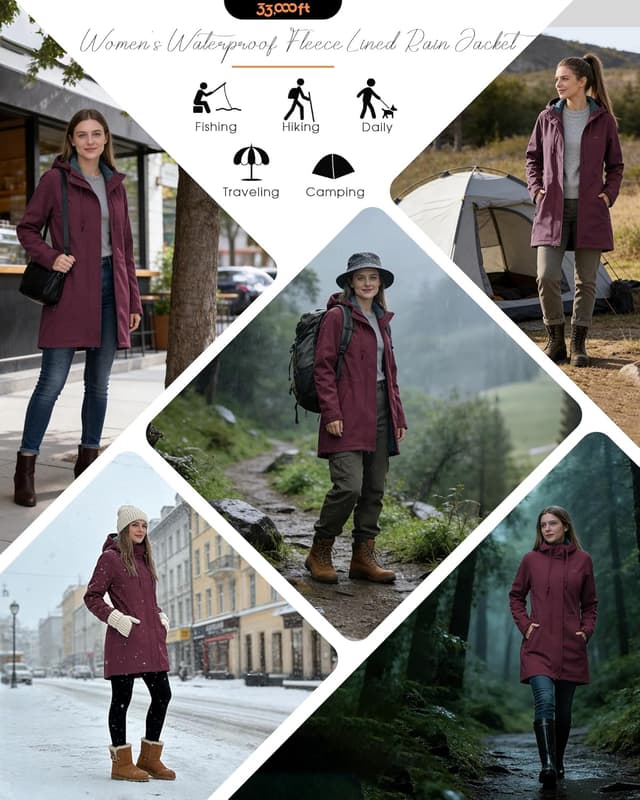 Detalle de 33,000ft Women’s Softshell Jacket with Hood – Waterproof, windproof fleece-lined long coat