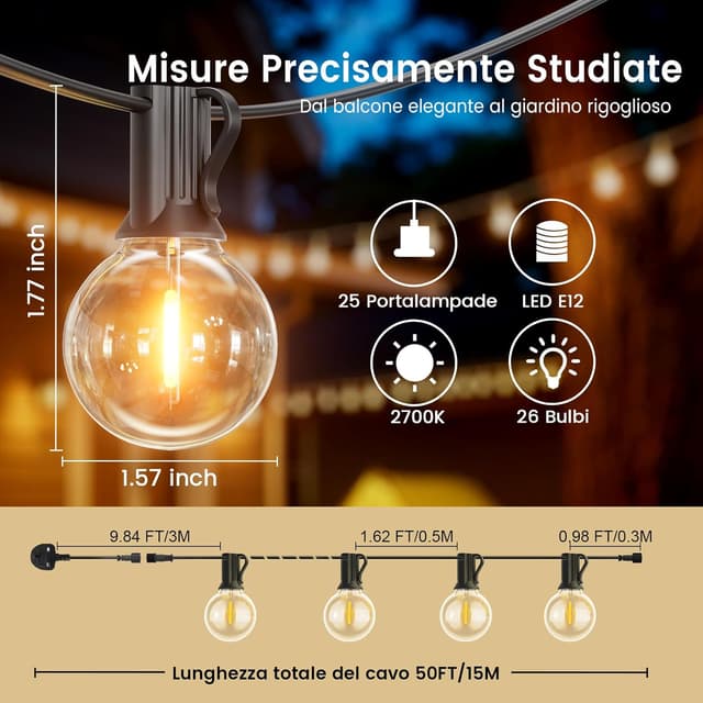 Detalle 2 de LONIUTO catena luminosa esterno da 15 m con 25+2 luci G40 LED 2700K IP45