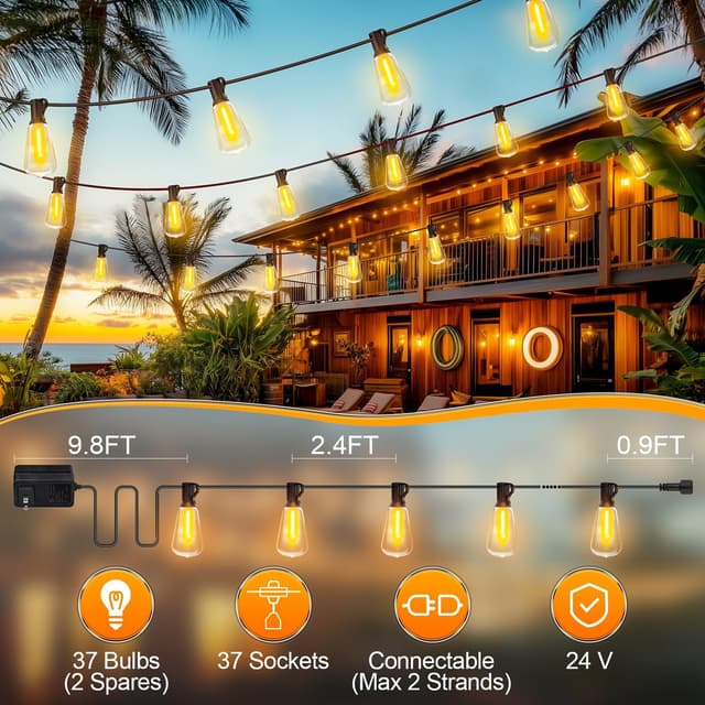 Thumbnail 6 de Outdoor Lights String Patio Outside (100ft) LED Waterproof ST38 Shatterproof Edison Bulbs with Remote, Dimmable