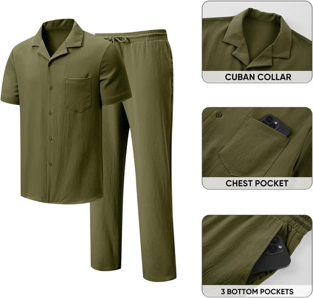Detalle 2 de JMIERR Men Texture 2-Piece Outfit: Short Sleeve Cuban-Collar Button-Down & Drawstring Beach Pants Set