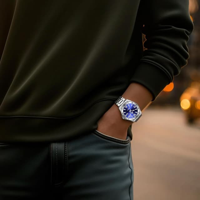 Detalle de LN LENQIN Herrenarmbanduhr aus Edelstahl mit Quarzwerk, analogem Zifferblatt und Datumsanzeige (3 ATM)