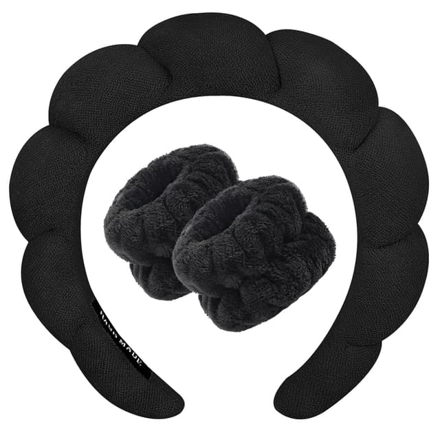 Detalle de Zkptops Spa Headband & Wristband Set for Face Washing (Black) — Terry Cloth Hair Accessory