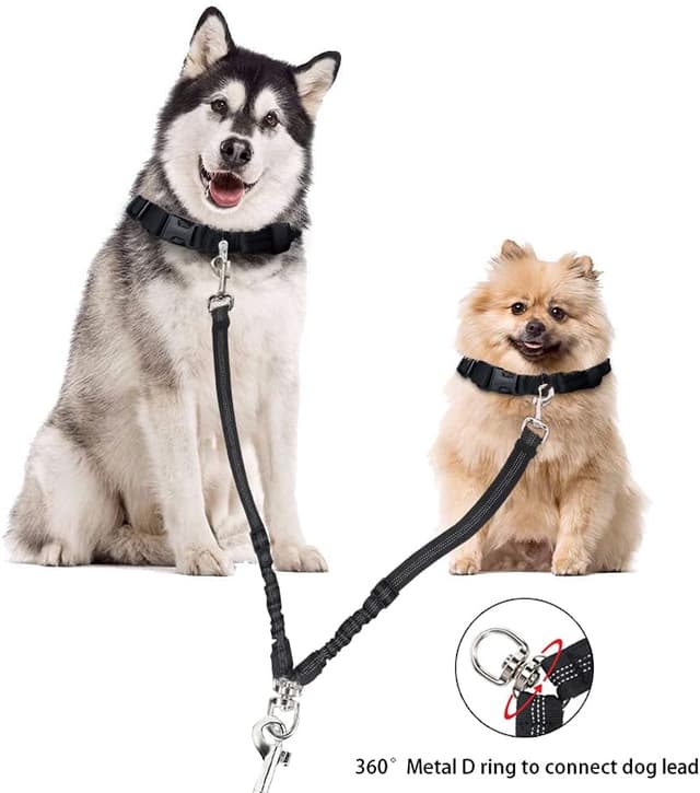 Detalle de Kelivi Double Dog Lead Coupler (No Tangle 360° swivel) – heavy-duty adjustable bungee double leash for two dogs