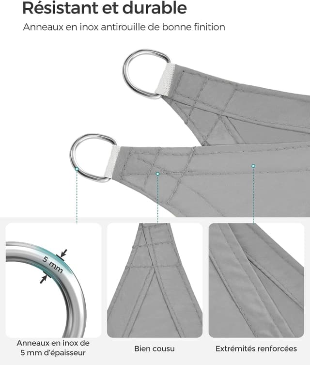 Detalle 2 de SONGMICS Voile d’Ombrage rectangulaire 3 x 5 m GSH35QY : protection UV, tissu hydrofuge