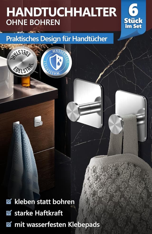 Detalle de 4smile Handtuchhalter ohne Bohren (6 Stück) aus Edelstahl – selbstklebende Klebehaken in Silber