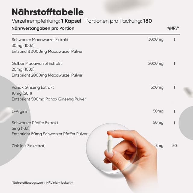 Detalle de WeightWorld Maca Kapseln – 5550 mg pro Kapsel (180 Kapseln) mit Schwarzer & Gelber Maca, Panax Ginseng, L-Arginin, Zink