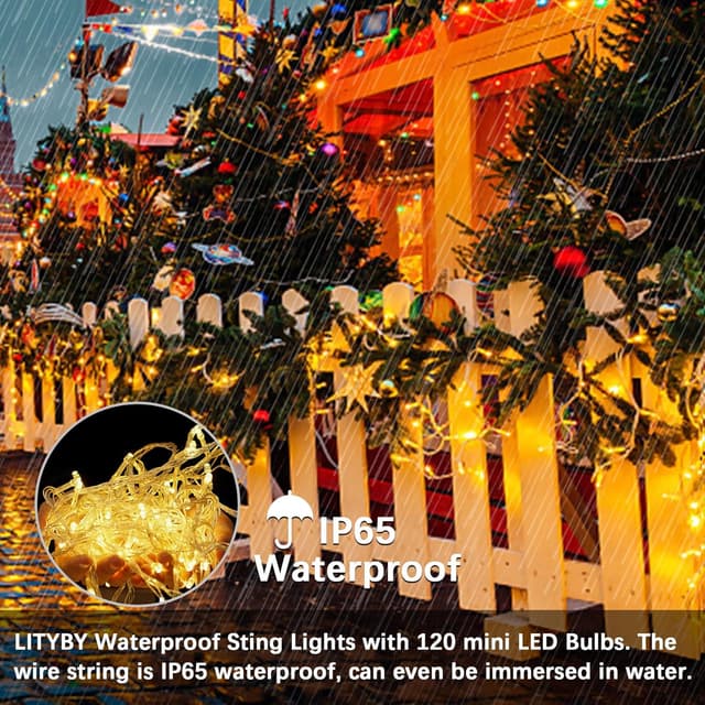 Detalle 2 de LITYBY Plug-in Waterproof Fairy Lights (15m/49ft, 120 LEDs) with Remote, 8 Modes – Warm White