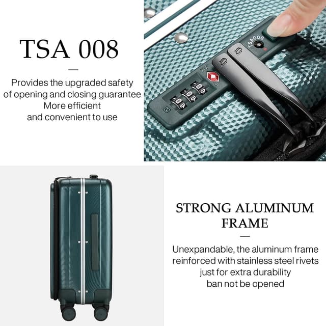 Detalle de Hanke 20-Inch Carry-On Rolling Suitcase (Aluminum Frame, Front Opening) — Hard-Sided PC, Spinner Wheels, Dark Green