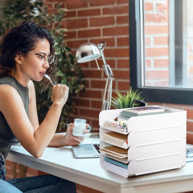 Detalle de Greentainer 4-stöckiger Ablagekorb für A4 aus PET (stapelbar, 4er Set in Weiß)