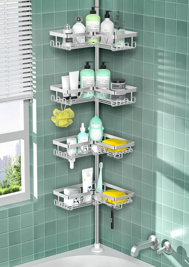 Detalle de Cooeco Corner Shower Caddy with 4 Baskets (height adjustable telescopic pole, no-drill, rustproof)