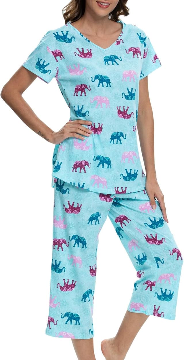 Detalle de ENJOYNIGHT Women’s Cotton Pajama Set (Short-Sleeve Top + Capri Pants)
