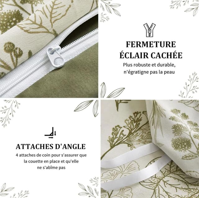 Detalle 2 de Tospass Housse de couette 220x240 cm microfibre vert olive à fleurs avec fermeture éclair et 2 taies 65x65 cm