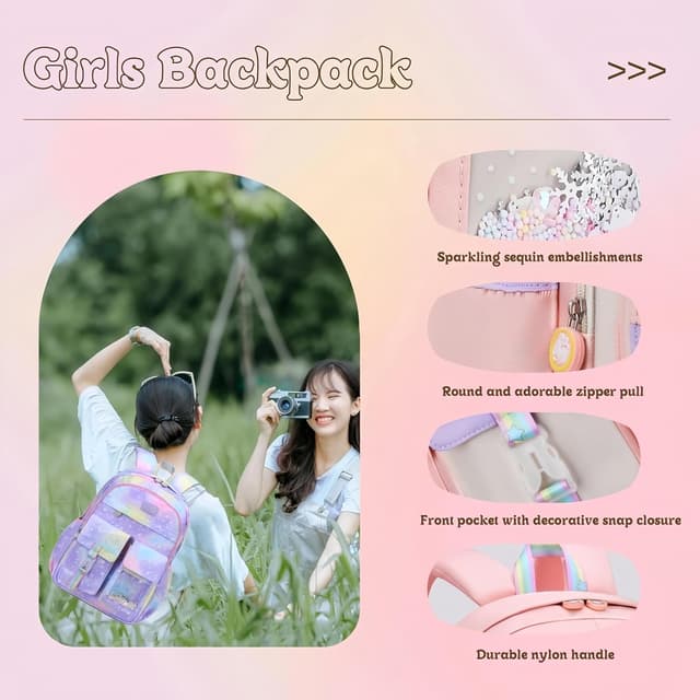 Detalle de VIDOSCLA Cute colourful casual daypack for girls (gradient purple) – lightweight primary school backpack