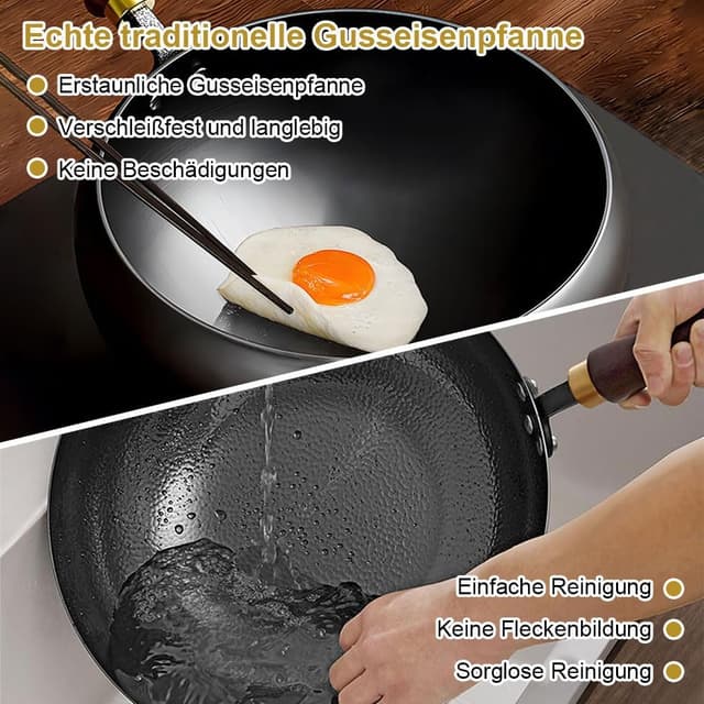 Detalle 2 de Fosoloni Japanische Eisenpfanne mit Holzdeckel-Set (Eisen, unbeschichtet, antihaftfrei)