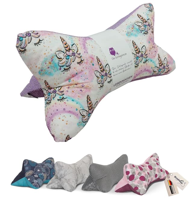 Detalle de Leseknochen Nackenkissen „Einhorn Lila“ – handgestopft & waschbar, als Nackenrolle, Buchstütze und Dekokissen