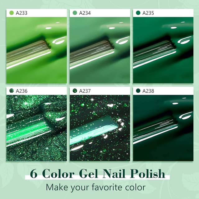 Detalle de Shining She UV-Gel Nagellack Set Grün mit 6 Farben (Glitzergrün & Dunkelgrün), 8 ml pro Flasche