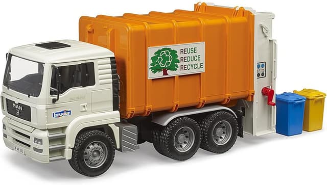 Detalle de Bruder MAN TGA Rear Loader Trash Truck (1:16 scale) with Functional Bin Lift, Rear Compactor & Tilting Cab