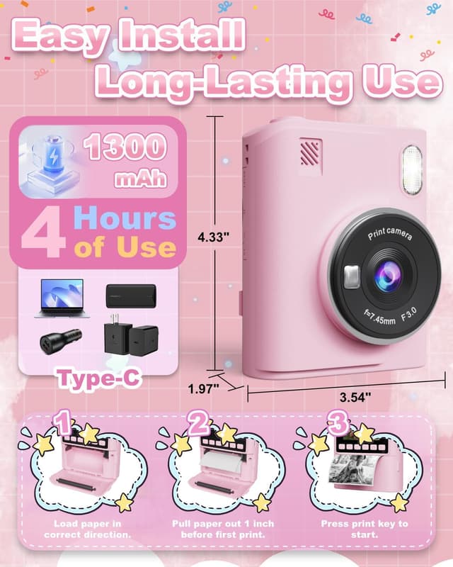 Detalle de Instant Print Camera for Kids (1080P) — Portable Instant Digital Print Camera for Ages 4–10, Pink