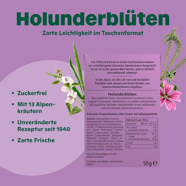 Detalle 2 de Ricola Holunderblüten zuckerfreie Kräuter-Bonbons (10 x 50 g, vegan)