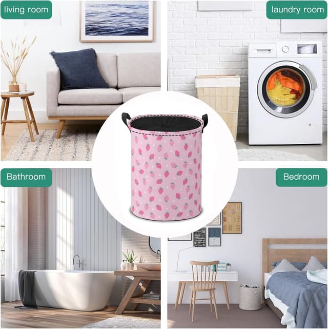 Detalle de ENSFTF Drawstring Laundry Basket (Pink Strawberry Pattern) – Spacious, Dustproof & Easy to Clean