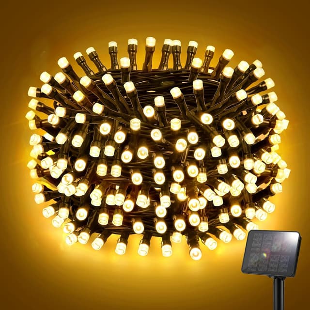 Detalle de FFZZKJ Solar String Lights Outdoor Garden, 50 LED 5m (16.4ft), 8 Modes, Warm White (IP65)