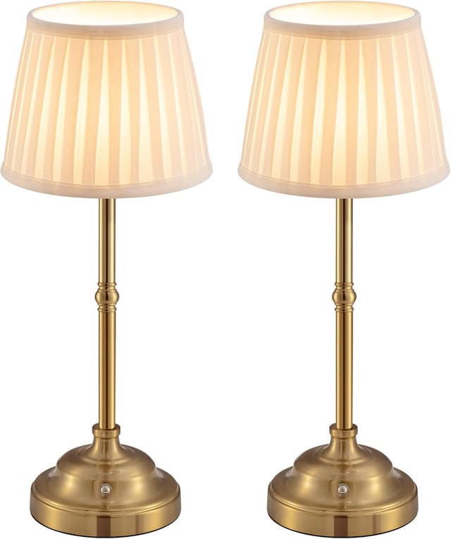 Detalle de VISDANFO kabellose LED-Tischlampe im 2er-Set (dimmbar, Akku 4.000 mAh) in Vintage-Optik – Gold + Beige