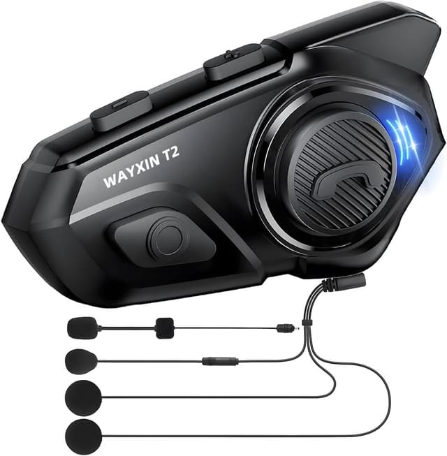 Detalle de WAYXIN T2 Motorrad-Headset mit Gegensprechanlage für 2 Personen (bis 300 m) und Sprachassistent