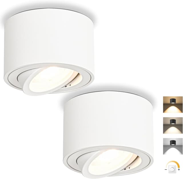 Detalle de GeyouLux LED Aufbauspot dimmbar, 3CCT 3000/4000/6500K, schwenkbar 30° – 5W, Ø80x50 mm (2 Stück)