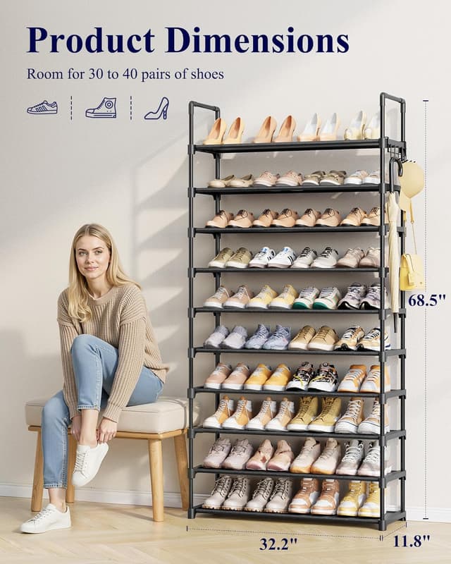 Detalle de Kitsure 10-Tier Shoe Rack for Closet with Hook Rack (Black) — Space-Saving Shoe Organizer