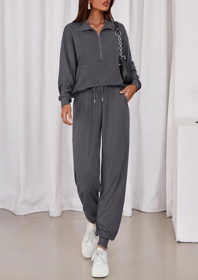 Detalle 2 de PRETTYGARDEN Women’s Fall 2-Piece Lounge Set (Half-Zip Sweatshirt & Drawstring Joggers)