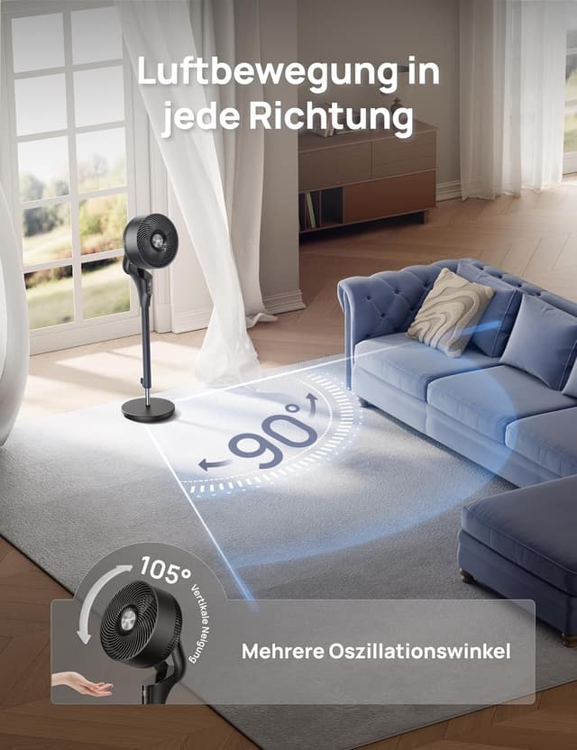 Detalle de DREO Leiser Standventilator für Schlafzimmer (Verbessert) – 27 m Luftstrom, 20 dB, 90° oszillierend