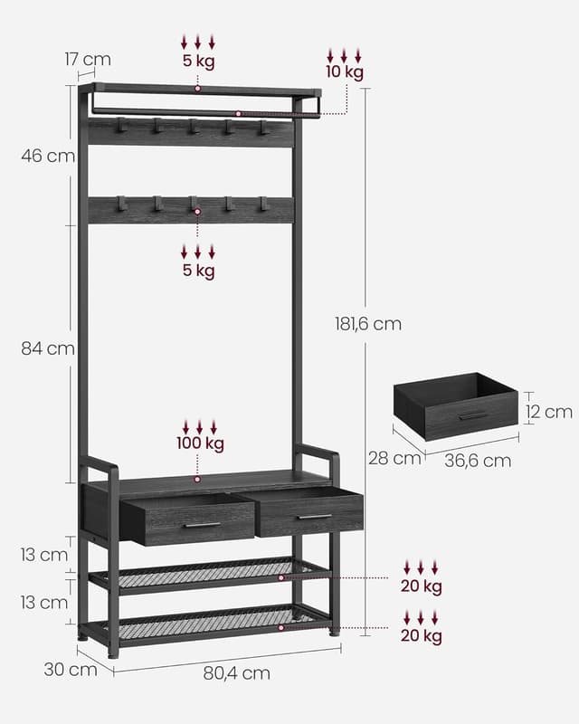 Detalle de VASAGLE HSR429B04 appendiabiti da ingresso mobile con 10 ganci rimovibili, 2 cassetti e panca scarpiera