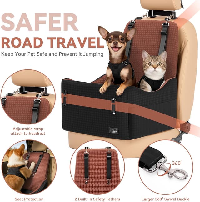 Detalle 2 de PETSFIT Autositz für kleine bis mittelgroße Hunde bis 15 kg – Sicherheitsgurt-System, 15 cm Erhöhung, waschbar (Schwarz & Braun)