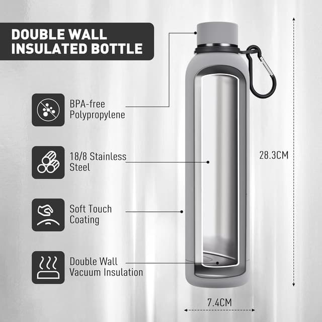 Detalle de Exllena 750ml insulated water bottle with clip, double-wall vacuum stainless steel (BPA-free) – grey