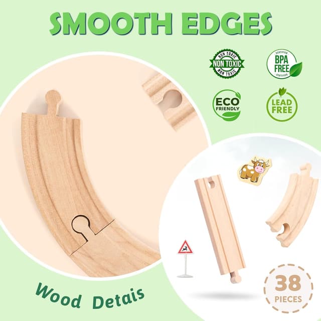 Detalle de XIAPIA Wooden Train Set for Toddler (Farm Theme) – 38-piece track set with magnetic and battery train