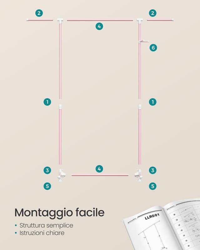 Detalle de SONGMICS LLR001R02 stand appendiabiti con ruote, altezza regolabile 97–165 cm e barra estensibile (rosa pastello)