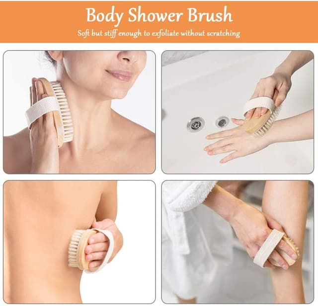 Detalle de URAQT spazzola per corpo in legno con setole naturali (kit da 2 pezzi) per esfoliazione a secco e massaggio linfatico