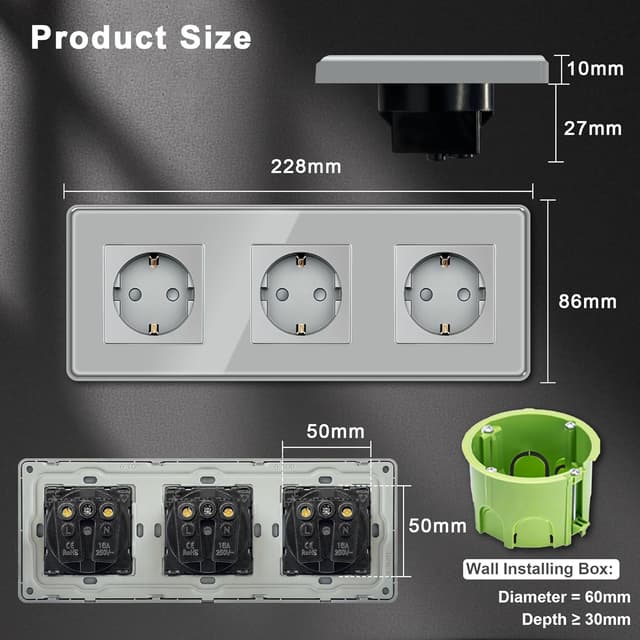 Detalle 2 de TAWOIA Schuko-Unterputz-Steckdose 3-fach (EU-Standard), 2,5D gebogene Glasplatte, grau