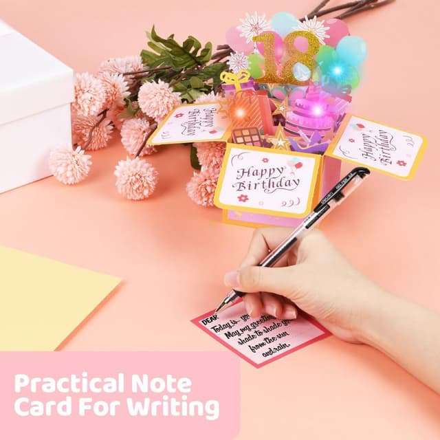 Detalle 2 de Carte d’anniversaire 18 ans OFFCUP pop-up 3D musicale avec bougie à souffler et enveloppe (rose)