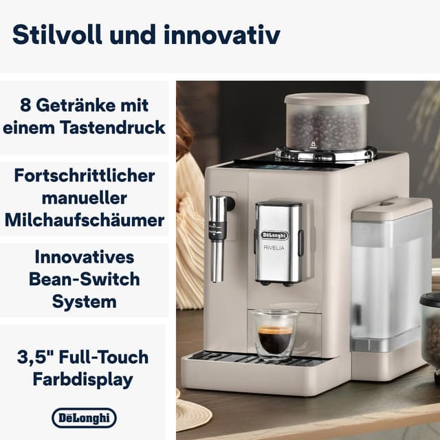 Detalle de De’Longhi Rivelia – Perfetto Kaffeevollautomat mit Milchaufschäumer, 8 One-Touch-Getränken & wechselbaren Bohnenbehältern (beige)