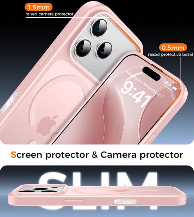 Detalle 2 de Guisessy Coque magnétique 3 en 1 pour iPhone 17 Pro (compatible MagSafe) avec 2 vitres trempées – Rose clair