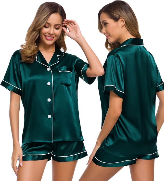 Detalle de SWOMOG Satin Pyjama Damen Kurz-Schlafanzug mit Knopf – Zweiteiliges Set aus Satin