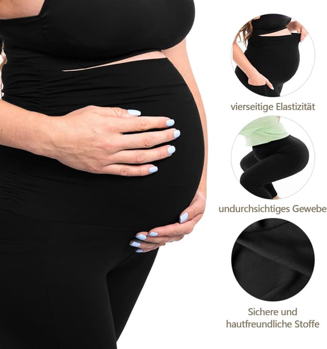 Detalle de Walifrey Women’s Maternity Leggings with Pockets – High Waist Opaque Pregnancy Black Leggings