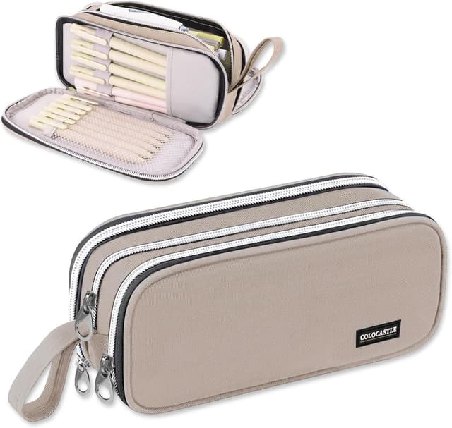 Detalle de COLOCASTLE Federmäppchen großes Mäppchen mit 3 Fächern (Grau) – Platz für Stifte & Zubehör bis zum Schulalltag