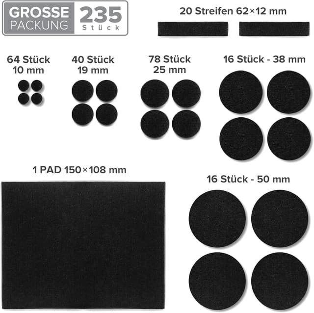 Detalle 1 de X-Protector Filzgleiter selbstklebend in Schwarz – 235 Stück Großpackung für Möbelgleiter