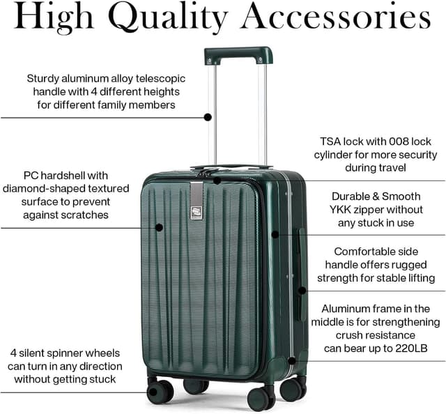Detalle de Hanke 20-Inch Carry-On Rolling Suitcase (Aluminum Frame, Front Opening) — Hard-Sided PC, Spinner Wheels, Dark Green
