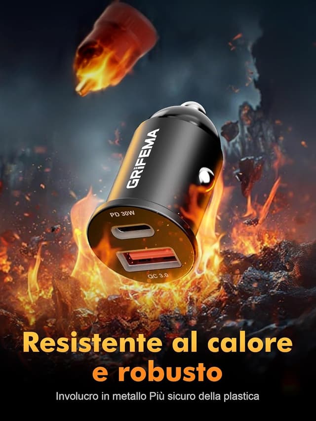 Detalle de GRIFEMA Caricatore auto USB-C 30W con doppia porta PD 30W + QC 3.0 18W (alluminio)