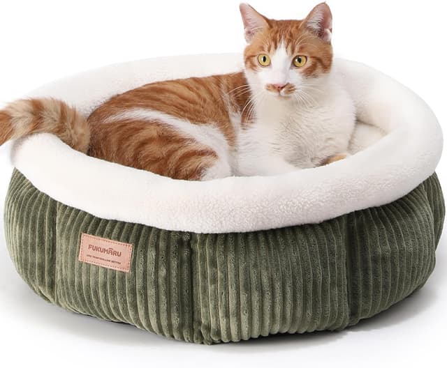 Detalle de FUKUMARU Katzenbett waschbar 48 x 48 x 20 cm – Plüsch-Katzenkorb mit erhöhtem Rand, grün