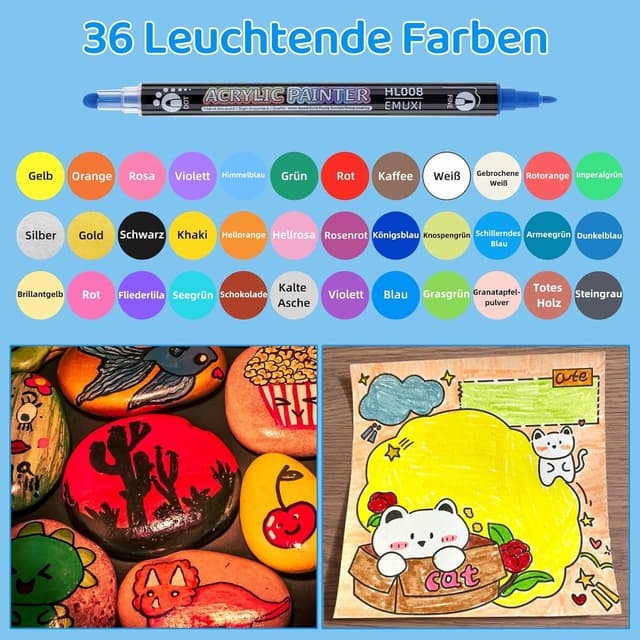 Detalle 2 de TEVILIK 36 Acrylstifte für Steine – wasserfeste Doppelspitze (1–5 mm)