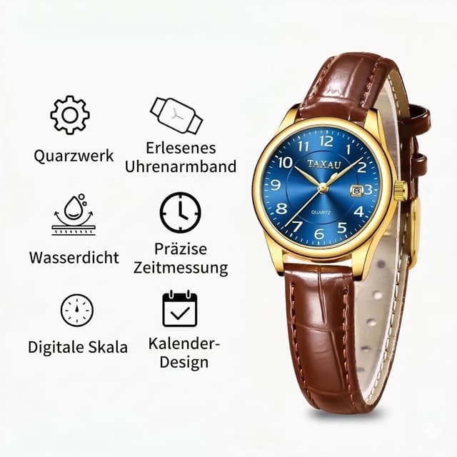 Detalle 2 de Taxau Damenuhr mit Lederarmband, analoges Quarzwerk und Datumsanzeige (28 mm, 3 bar) – elegantes Design zum Kombinieren